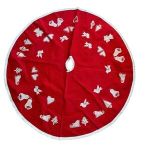 Vintage Christmas Tree Skirt Handmade Felt Appliqué Fringe Red White